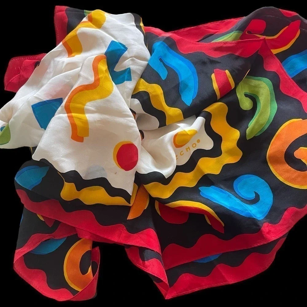 Vintage 1990s Echo Silk Graphic Pattern Square Scarf Classic Saved by the Bell